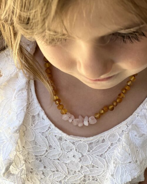 Raw Honey Amber + Rose Quartz Chips